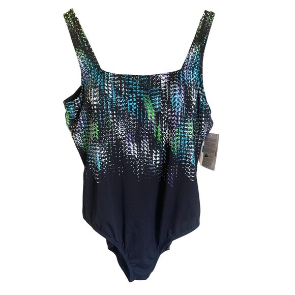 New! Swimsuits for All Black One Piece Swimsuit Size 10 Green White Blue Abstrac - Picture 1 of 8